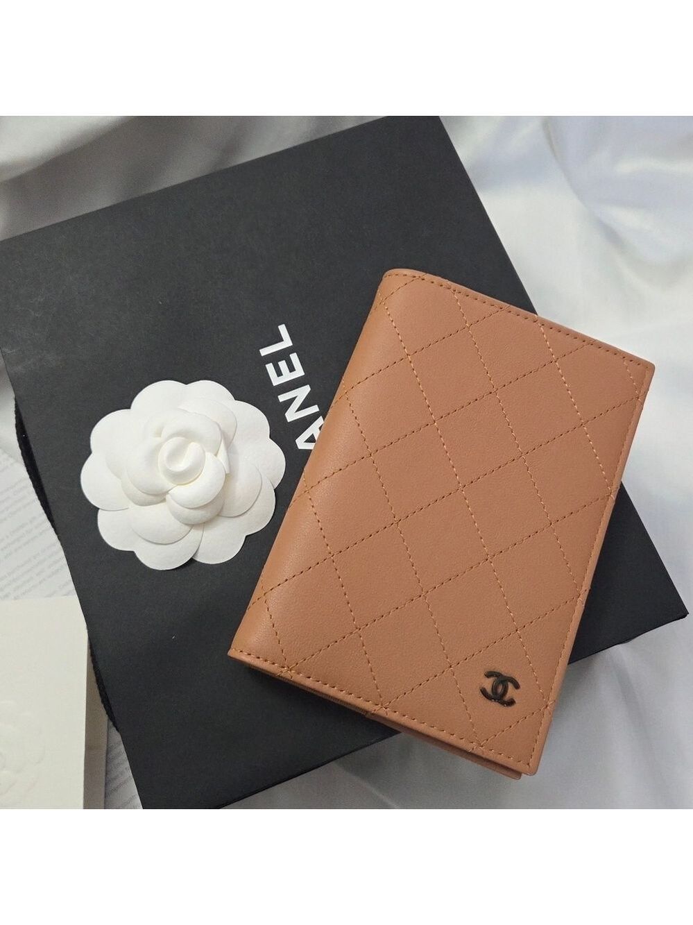 CHANEL Quilted Passport Holder Beige
